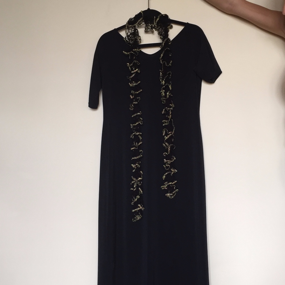 DKNY Black Maxi Dress with Gold Scarf